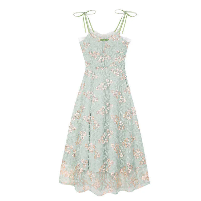 PERHAPS U Green Mesh Lace Floral Print Strap Sleeveless Dress Midi Sundress  Elegant D1002 210529 From Lu006, $30.25 | DHgate.Com