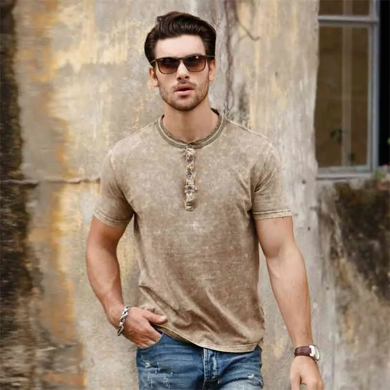 T Shirts For Men Henry Collar Vintage Shirt 100% Cotton Summer Man Short Sleeve Washed Clothes retro Fashion ops 210706