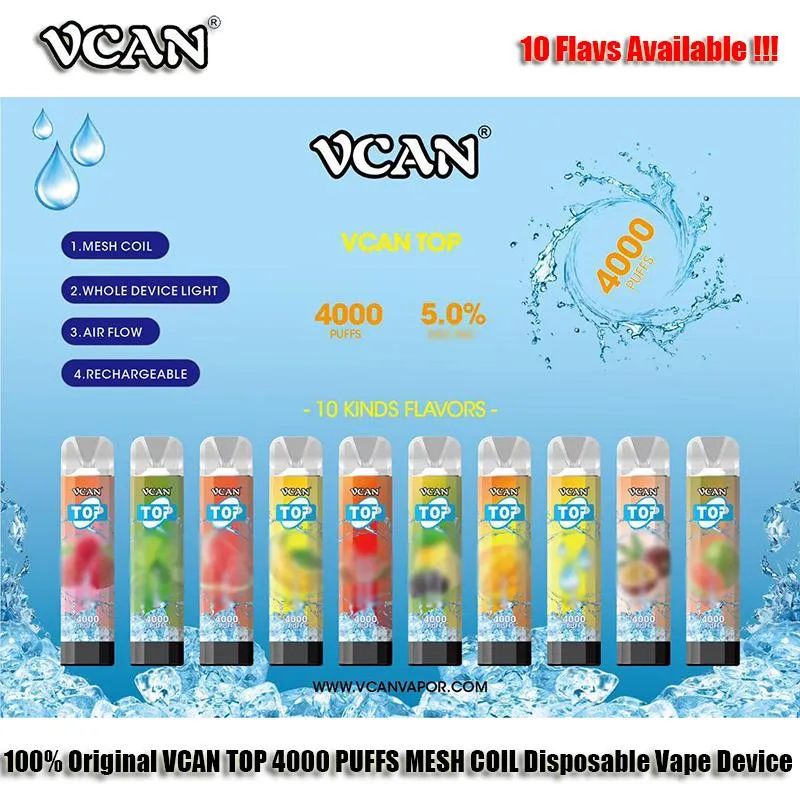 100% Original VCAN Topp 4000 Puffar Engångs E-cigarettnätspole Tillgänglig RGB Light Justera luftflödet Fyrkantig Form Klar kropp Unikt 10 Flavs Batteri LR 44 AA