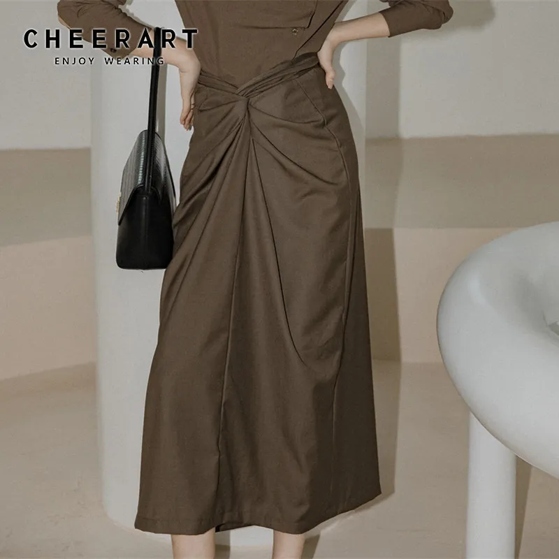 Wrap High Waist Ladies Brown Skirt Korean Style Fall Long Midi Women Designer Fashion Clothing 210427