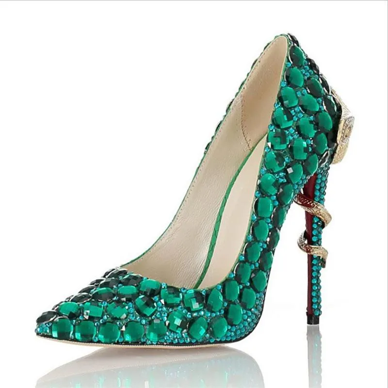 Pompy ślubne Kobiety 11 cm Wysokie Obcasy Crystal Shoes Snake Green Rhinestone Luksusowe Sztuk Panie Bridal Party Shoe Duża sukienka