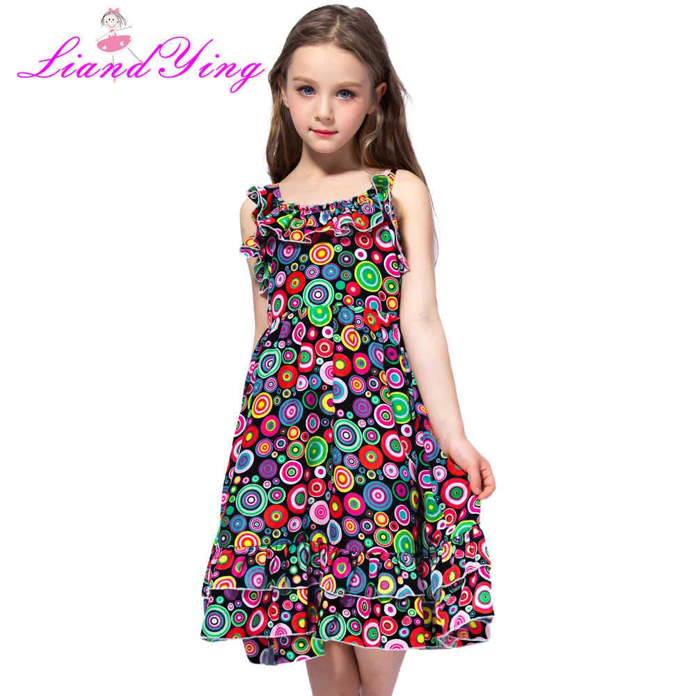 패션 새로운 2021 보헤미안 프린트 여자 드레스 여름 드레스 해변 스트랩 아기 드레스 아이들의 옷을 입은 소녀 옷 Q0716
