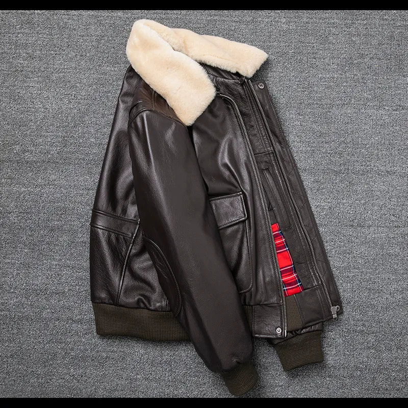 Plus Size Genuine Leather Bomber Jacket Winter Warm Classic