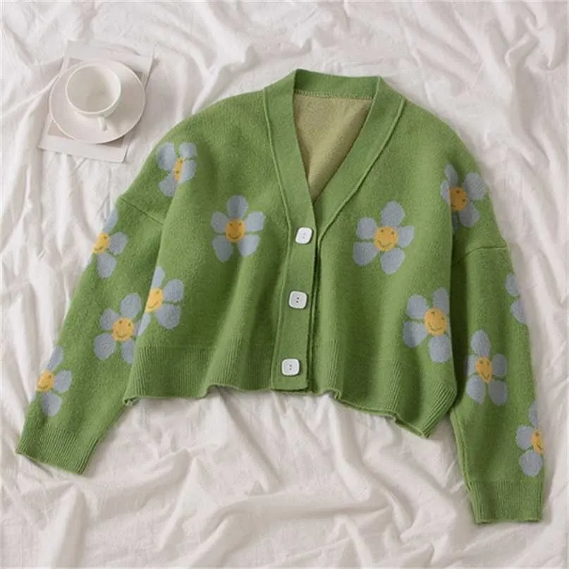 Women's Korean Style Floral Printing V-neck Knitted Cardigans Female Casual Oversized All-match Sweater One Size 211011