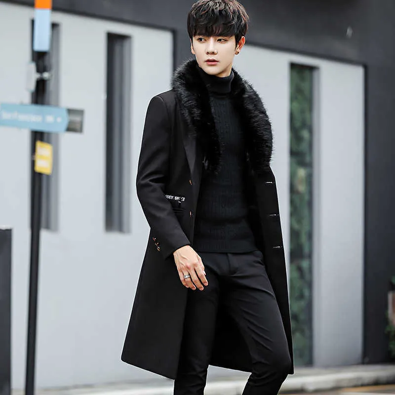 Män Vinter Woolen Fur Collar Long Coat Warm Outwear Slim Coat Men Lång Vinter Trench Coat Chaqueta Invierno Hombre 211011