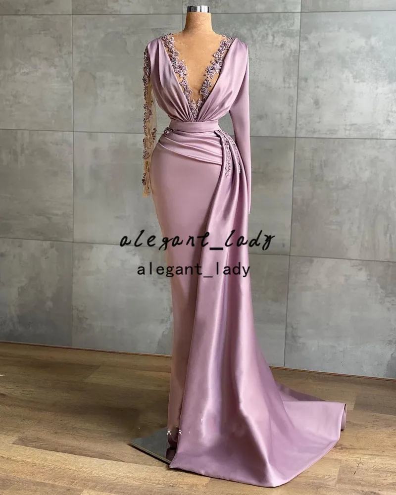 Staubige rosa Meerjungfrau-Arabisch-Abendkleider mit Überrock, afrikanischer Spitze, durchscheinend, langärmlig, Dubai-Damen-Abschlussballkleid mit V-Ausschnitt