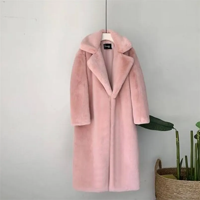 Cappotto invernale da donna caldo in pelliccia sintetica Cappotto lungo da donna spesso Colletto rovesciato Cappotto caldo da donna con cintura Casaco Feminino 211129