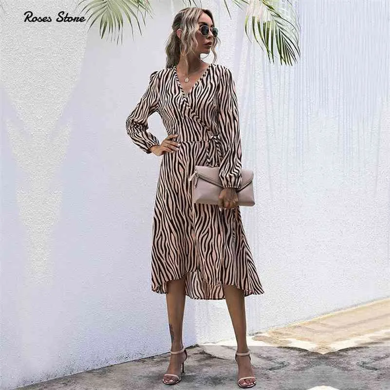 Ankomst Mode Kvinnor Klänningar Långärmad Wrap Fall Kläder Kontor Elegant Midi Frocks för Ladies Spring Zebra Stripes 210630