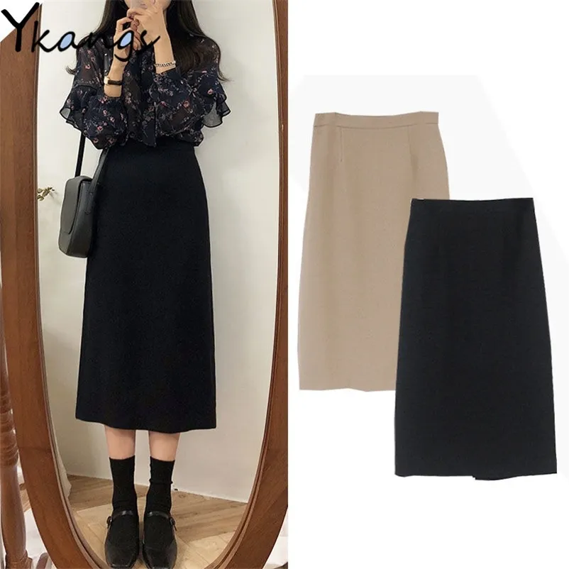 Women Solid Color Knitted Long Skirt Vintage Elastic High Waist Female Sweater Skirts Korean Style Thickn Black A-Line 210421