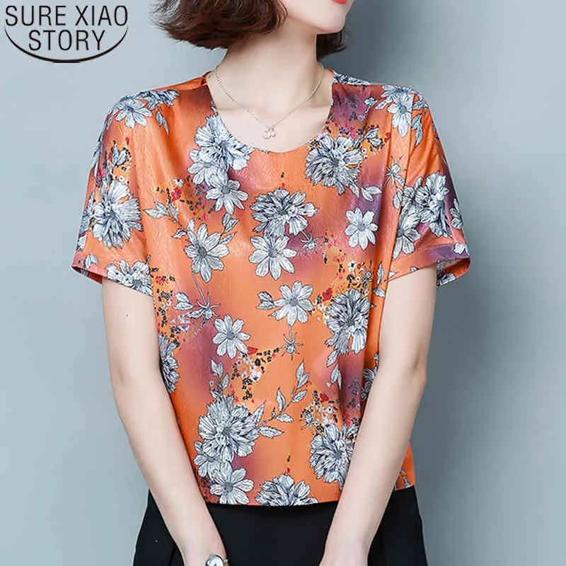 Round Collar Plus Size Silk Shirts Women Short Sleeve Vintage Floral Print Blouse Loose Womens Tops and Blouses 9066 50 210417