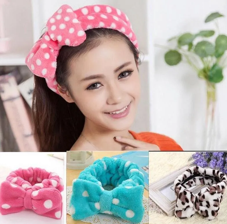 250pcs Bath Hair Band Womens Coral Velvet Big Bow Polka Dot Stripe Headbands Wash Face Makeup Spa Duschhår Turban