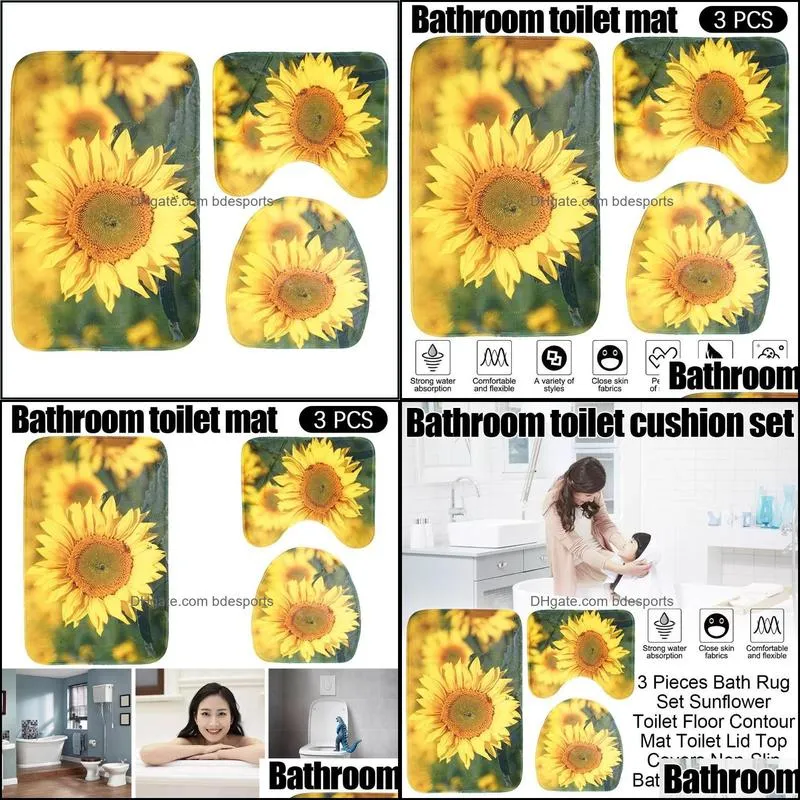 Bath Mats 3 Pieces Rug Set Sunflower Toilet Floor Contour Mat Lid Top Covers Non-Slip Bathroom