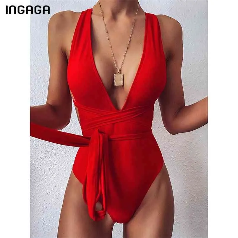 INGAGA SEXY CUNGGING SWIMSUIT HIGH CUT SWIMWEAR Women Cross Bandage Beachwear Sommar Backless Baddräkt 210630