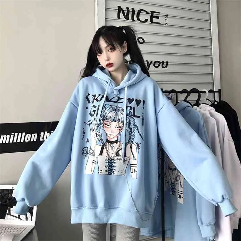 Harajuku Japanese Girls Letters Print Long Sleeve Fleece Warm Chain Hoodie Winter Loose Pullovers Hooded Sweatshirt Tops 210910