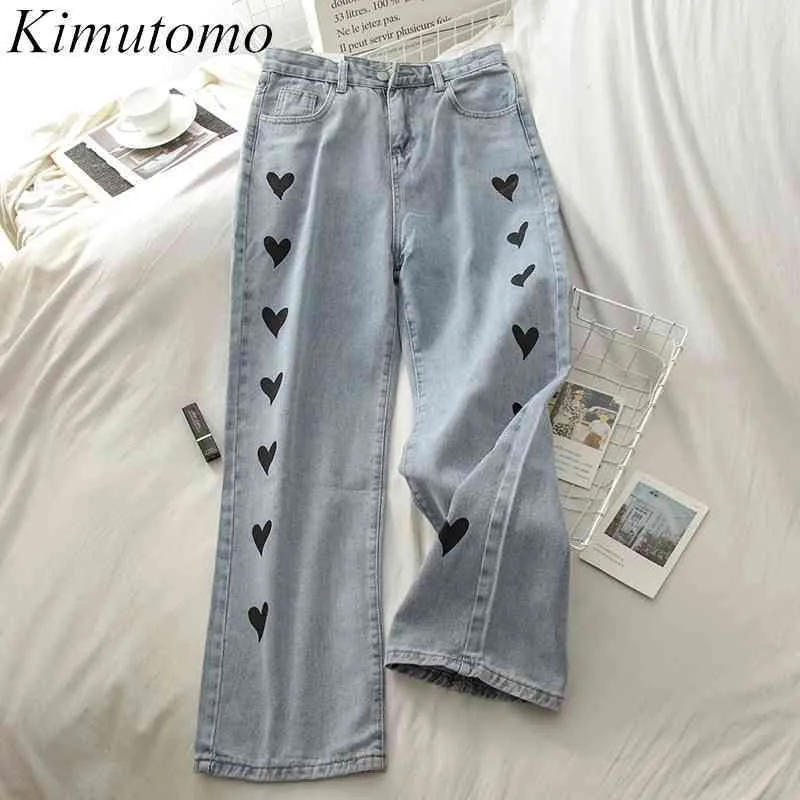 Kimutomo Casual Black Heart Print Jeans Donna Stile coreano Primavera Donna Vita alta Pantaloni in denim dritti abbinati 210521