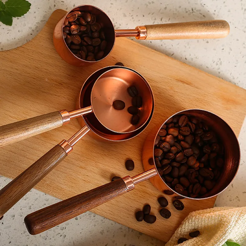 Misurini in oro rosa Misura strumenti Scala Cucchiai Manico in legno Utensili da cucina Tazza Cucchiaino da caffè Cucchiaino