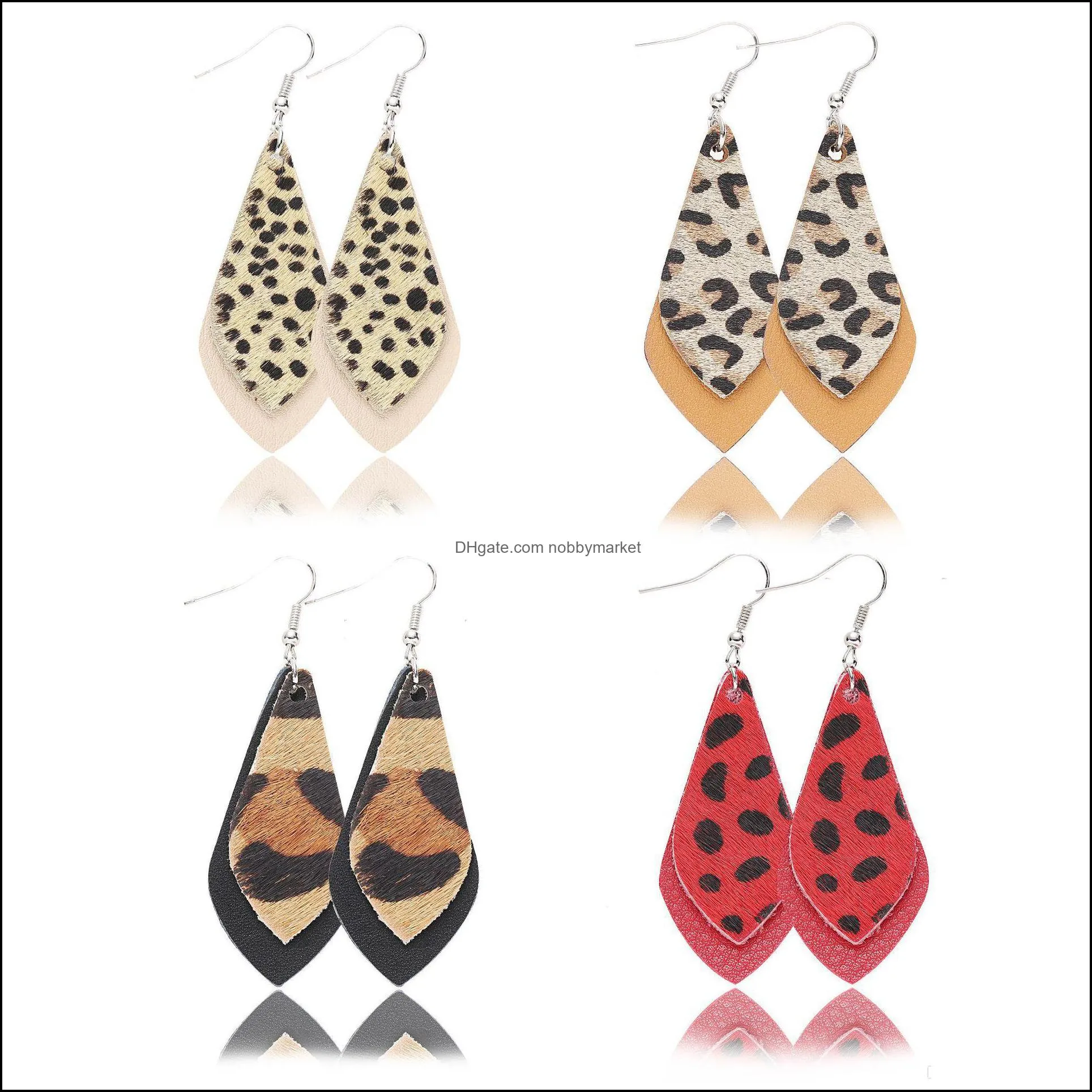 New Arrival Printing Leopard Drop Earrings Autumn & Winter Double Layers Leaf Real Leather Dangle Earrings For Women Charm Gift