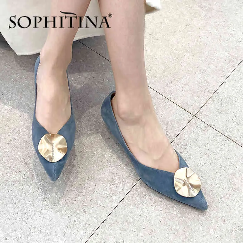 Sophitina Kvinnor Pumpar Pekade Toe Grunt Högkvalitativ Kid Suede Elegant Metall Dekoration Skor Slip-On Office Pumps PO520 210513