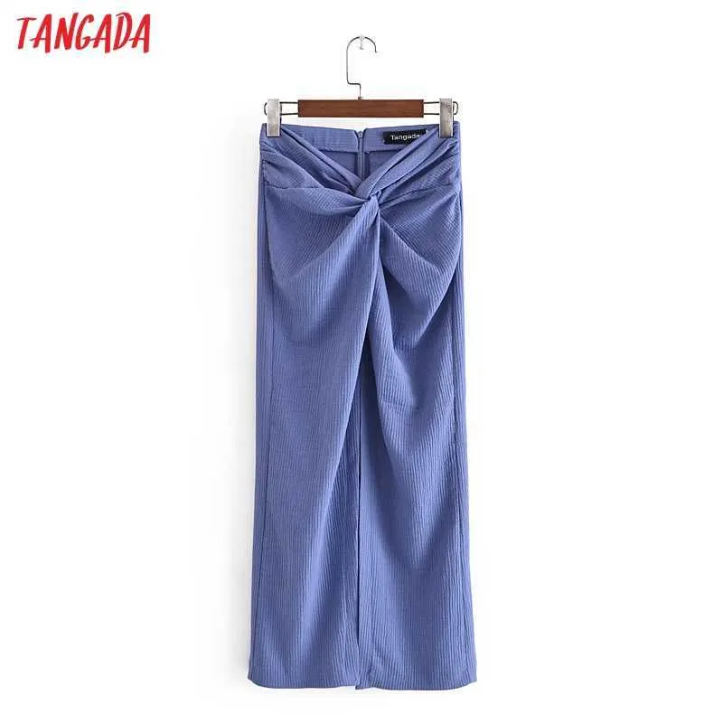 Tangada Women Chic Vintage with Knot Front Vents Midi Skirt Vintage High Waist Back Zipper Female Skirts Mujer 3H366 210609