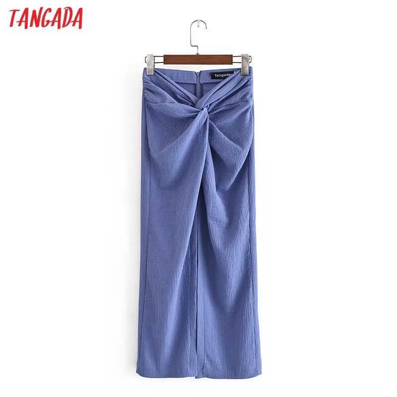 Tangada Femmes Chic Vintage avec Noeud Avant Vents Midi Jupe Vintage Taille Haute Fermeture À Glissière Femelle Jupes Mujer 3H366 210609