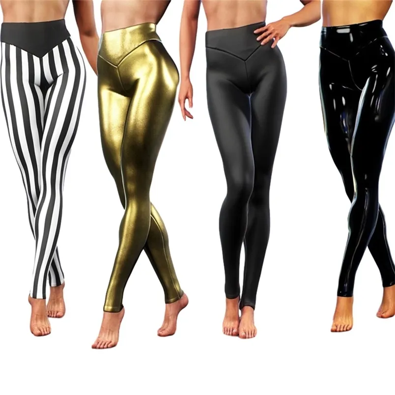 Femmes Crayon Leggings Brillant PU En Cuir Maigre Haute Taille Élastique Push Up Or Métallique Fitness Punk Rock Pantalon Plus La Taille 210522