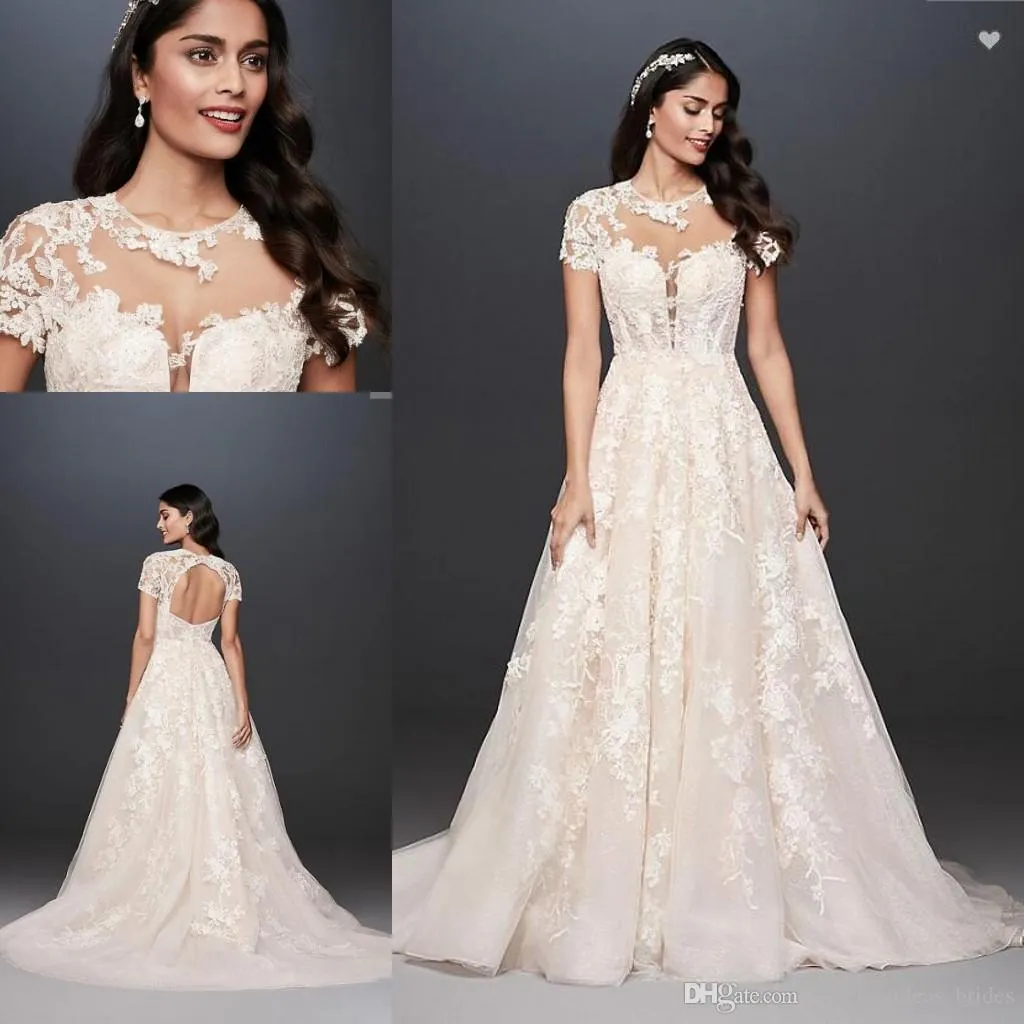 Robe de mariée en dentelle Illusion, manches cape, robe de bal, Oleg Cassini, col rond transparent, avec des appliques en dentelle, dos ouvert, robe de mariée de David