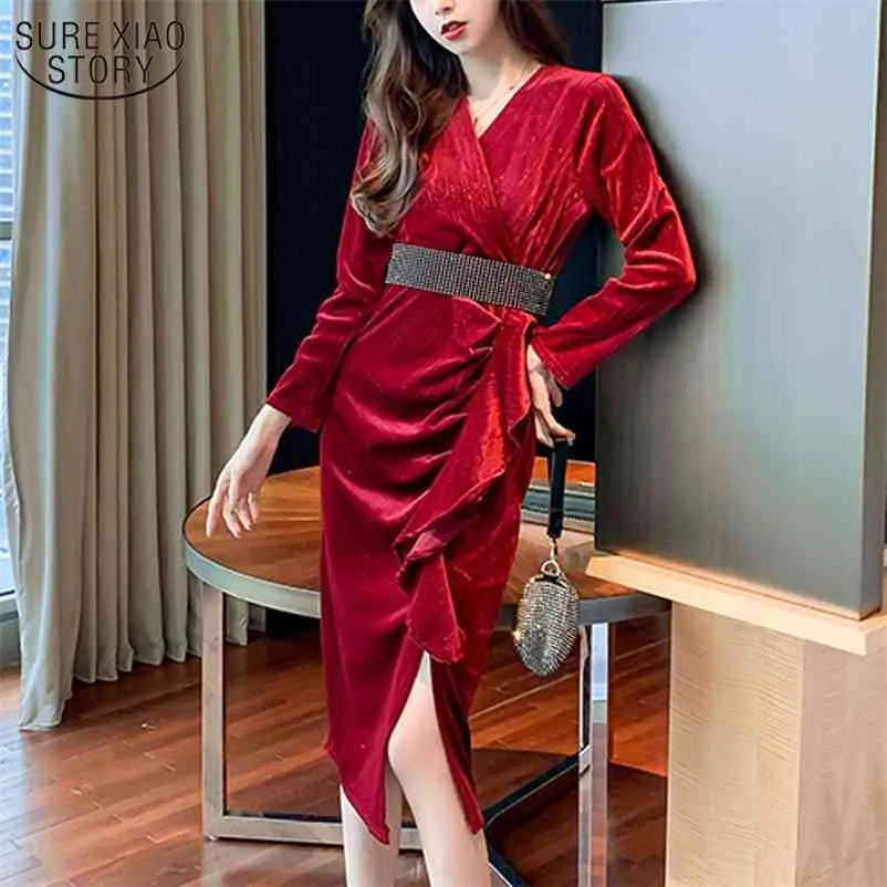 Kleid im französischen Stil, temperamentvoll, rot, heller Samt, weiblich, Herbst und Winter, dünne Rüschen, Damen mit Gürtel 12556 210508