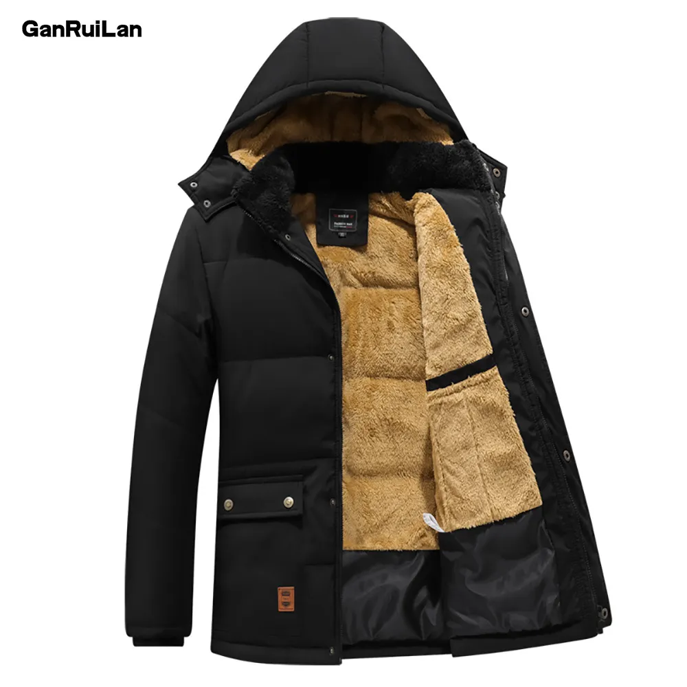 Stil Män Vinter Jacka Varm Tjockad Mal Parka Coat Cotton-Padded Hooded Male Overcoat Winbreaker Avtagbar hatt Ytterkläder 210518