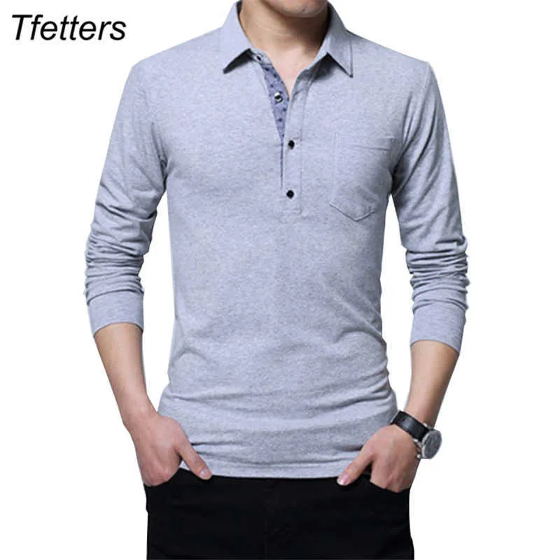 TFETTERS Automne Casual Hommes T-shirt Coton Coupe régulière Manches longues Col rabattu Plus Taille 5XL 210629