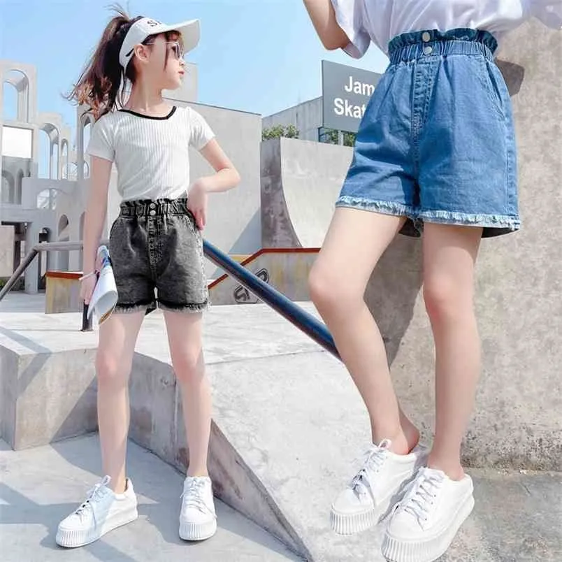 Summer Teen Girls Fashion Tassel Shorts With Two Buttons High Waist Cotton Kids Clothes School Casual Style Solid Denim 210723