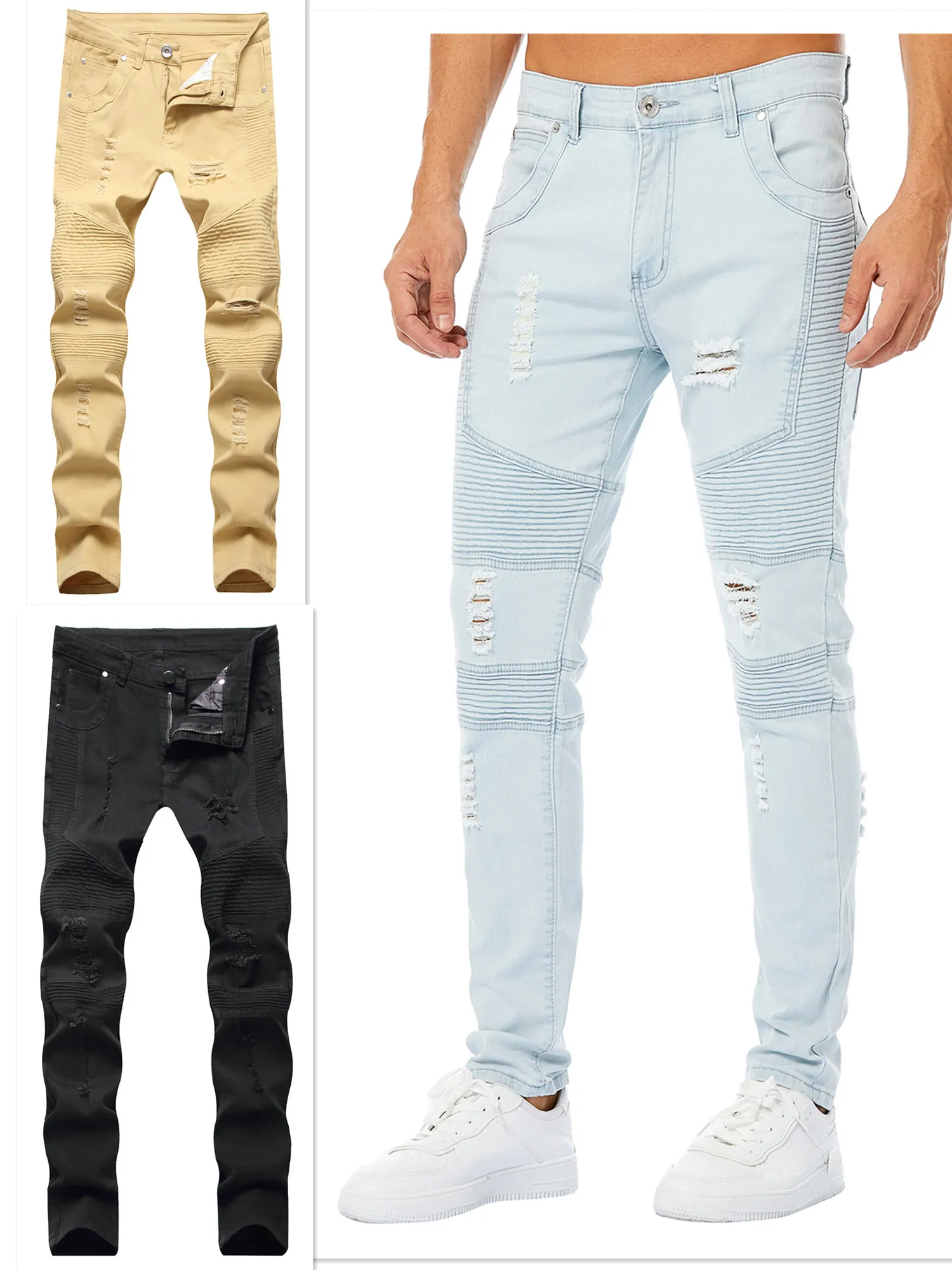 Zwarte skinny jeans voor mannen Biker Jean slip blauw kaki vernietigde heren slanke denim rechte ins gescheurde kledingbroek