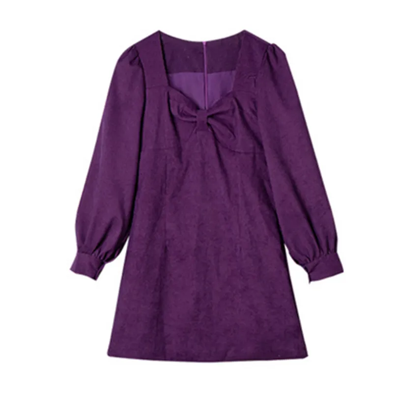 Women Khaki Purple Corduroy Square Collar Bow Ruched Puff Long Sleeve Zipper Mini Dress Spring Korea D2339 210514