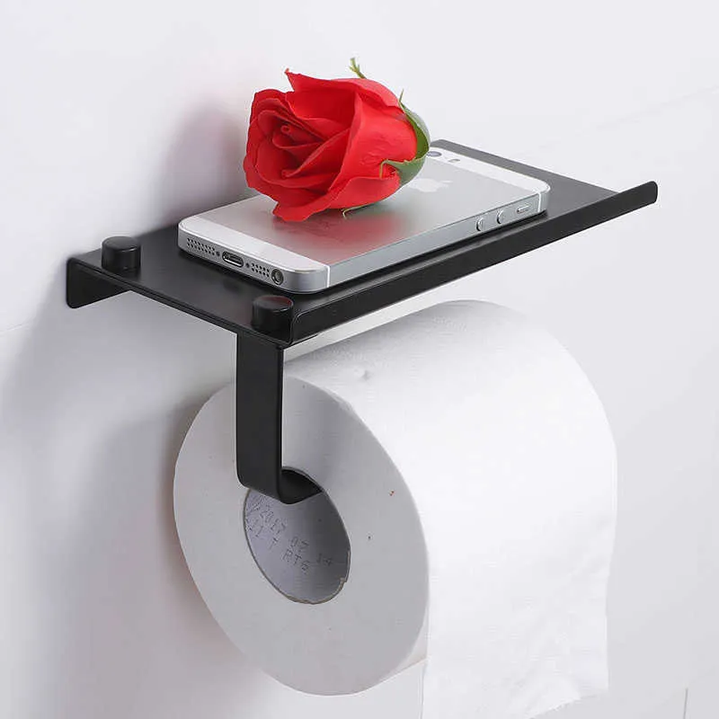 Black Wall Mounted Toilet Paper Holder Tissue Mobile Phone Bathroom Roll Rack Mount Product 210709