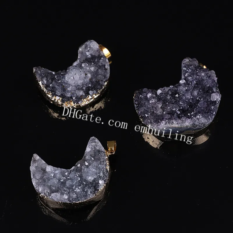 Natural Rough Amethyst Stone Druzy Geode Moon Pendant Crescent Gold plaque Gemone Gemdstone Charmes pour la fabrication de bijoux de bricolage