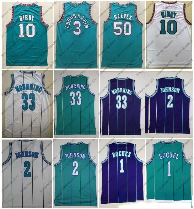 Tyrone Muggsy Bogues Jersey Viola Bianco Verde Larry Johnson Alonzo Mourning Retro Camicie da uomo Shareef Abdur Rahim Mike Bibby Reeves