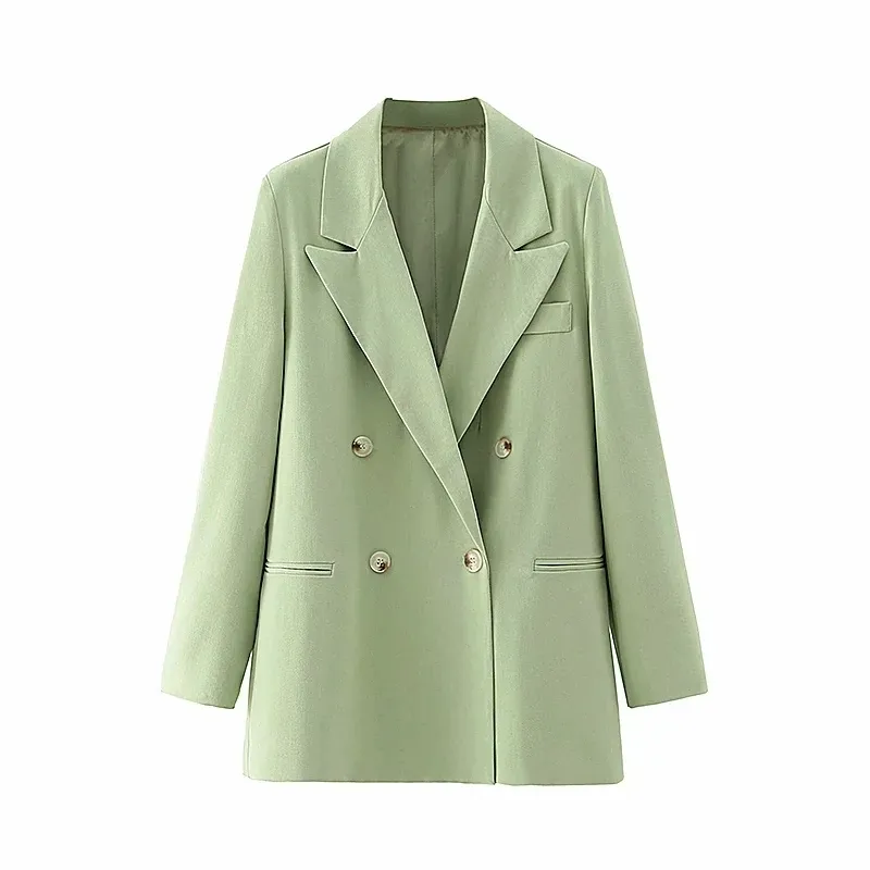 Vintage Kadın Dimi Desen Ceketler Sonbahar Yeşil Düğme-Sinek Bayanlar Rahat Kadın Mont Moda Kızlar Ceket 210430