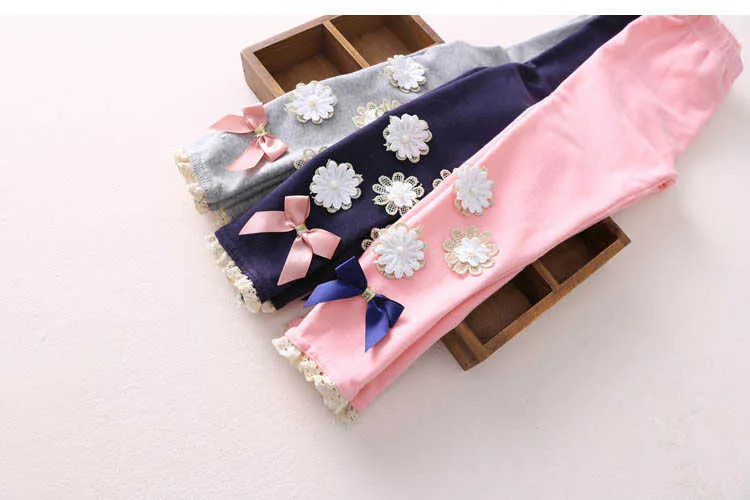  Summer Kids Children Cotton Pink Gray Navy Blue Full Length Capri With Bow Flower Foral Lace Baby Girl Leggings Children (19)