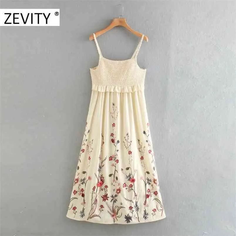 women vintage flower embroidery elastic ruffles sling midi dress chic female crochet patchwork casual slim dresses DS4389 210420