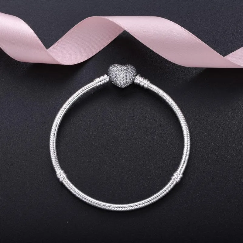 Bangle Sterling Silver Moments Pave Heart Clasp Crystal Fit Original Bracelet Women Bead Diy Europe Jewelry