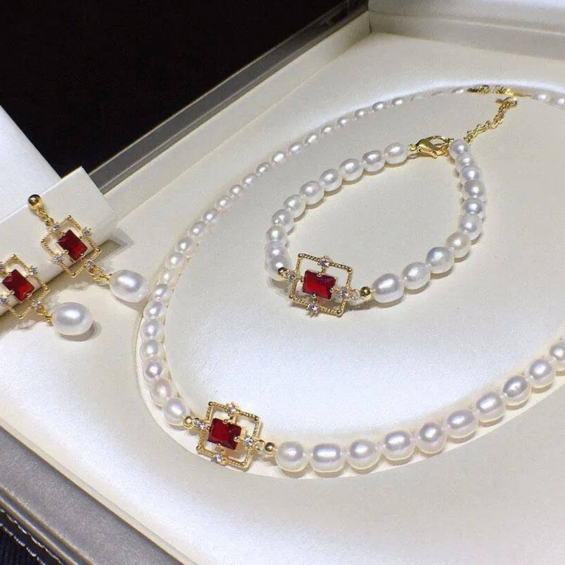 Pendientes collar HABITOO 6-7mm blanco Natural perla de agua dulce pulsera rojo CZ accesorios cuadrados precioso conjunto de joyería para mujer