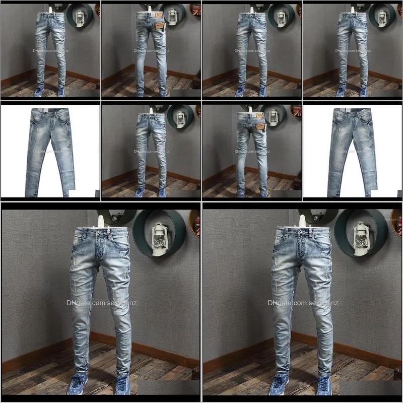italian style fashion men jeans light blue destroyed patchwork ripped jeans men elastic denim pants slim fit hip hop homme1