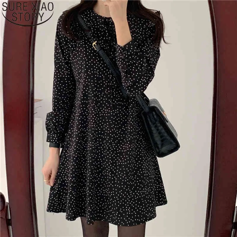 Korean Polka Dot Women Autumn Long Sleeve Mini Dress Sweet A-line Round Collar Office Lady Vestidos De Fiesta 10840 210417