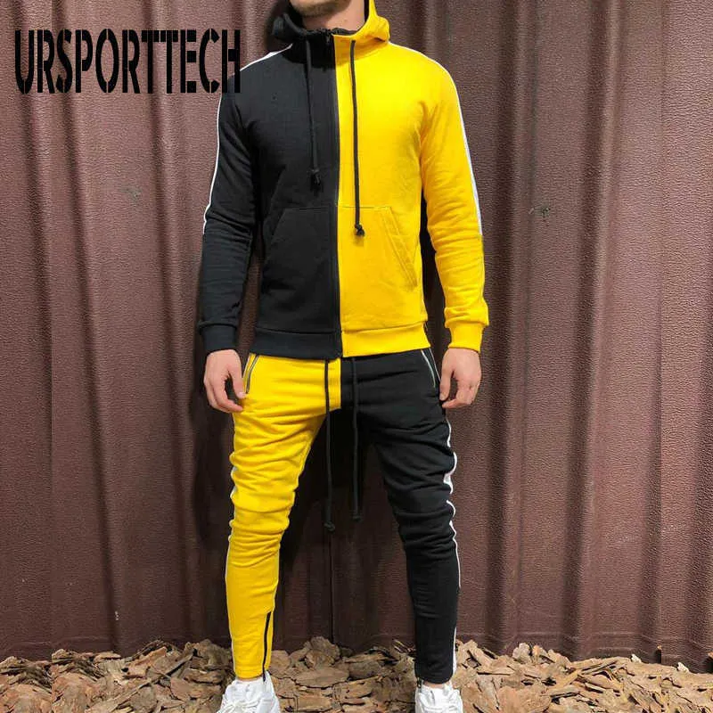 Mannen joggers pak sets patchwork trainingspak man merk lente herfst sport pak mannelijke hoodies + broek warme sportkleding herenkleding 210528