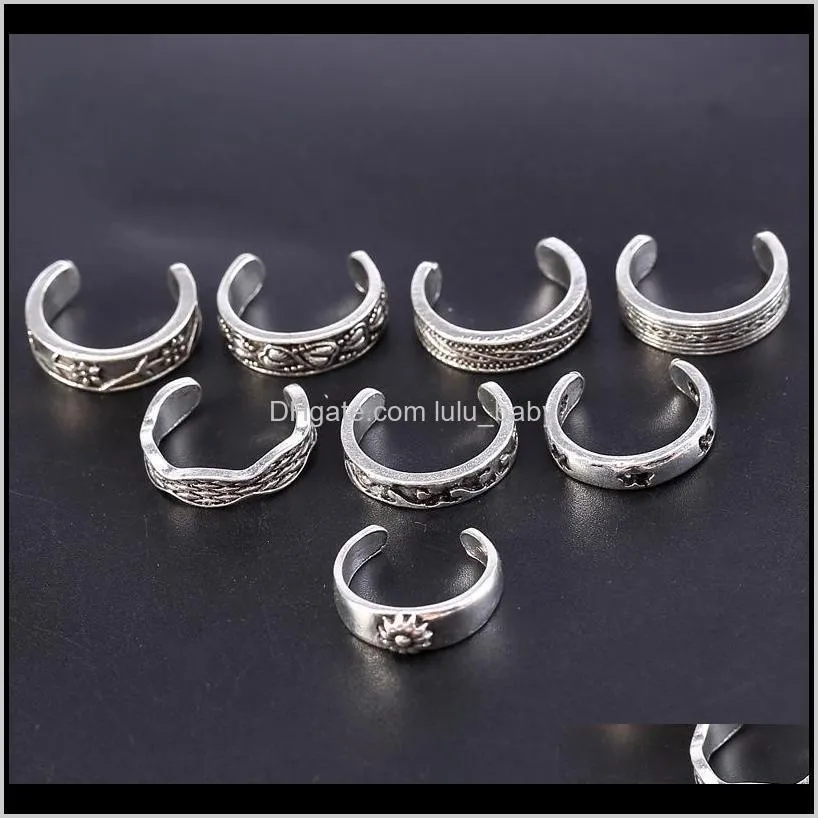 Teen ringen body sieraden drop levering 2021 8-delige carving en hollow out multi-element voetring cwaq1