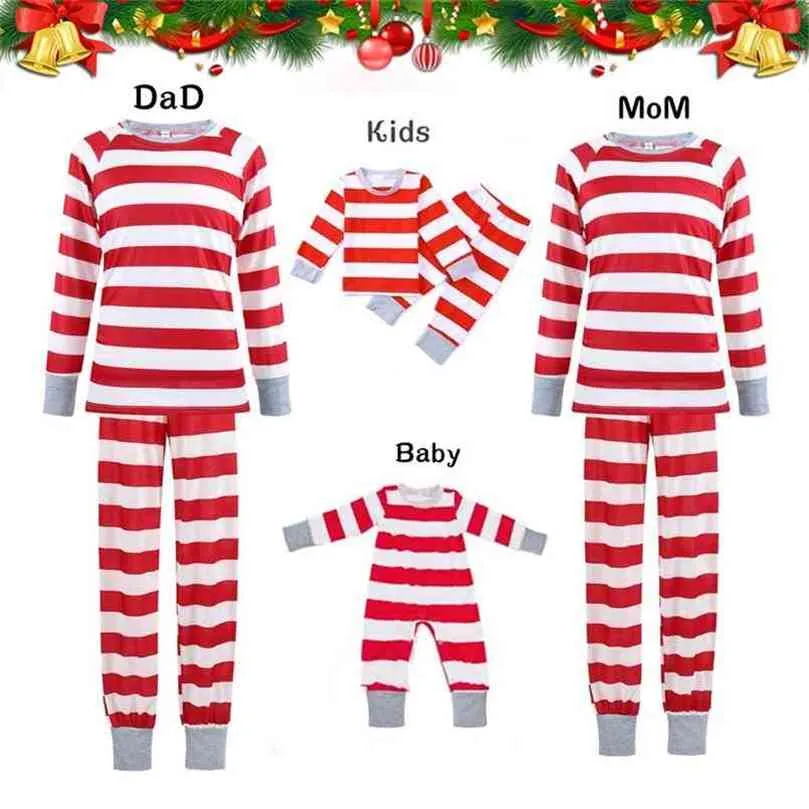 Família Pijama de Natal Mãe Filha Roupas Red Straped Dad Son Son Underwear 2 Pcs Top + Calças Xmas Conjunto Correspondência Homewear 210922