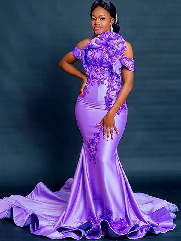 Plus Size Arabic Aso Ebi Lilac Sexy Mermaid Prom Dresses Lace Satin Stylish Evening Formal Party Second Reception Gowns Dress ZJ216