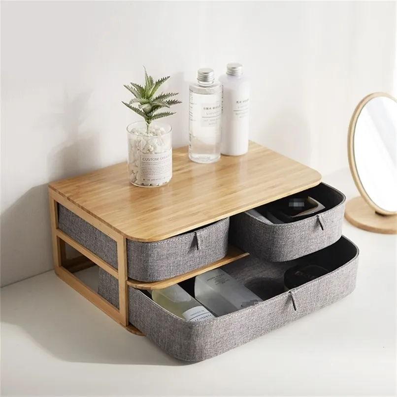 Wooden Storage Box Cosmetic Organizer Bamboo Cloth Office Desktop Casket Makeup Container Home Sundry Organiser 210922