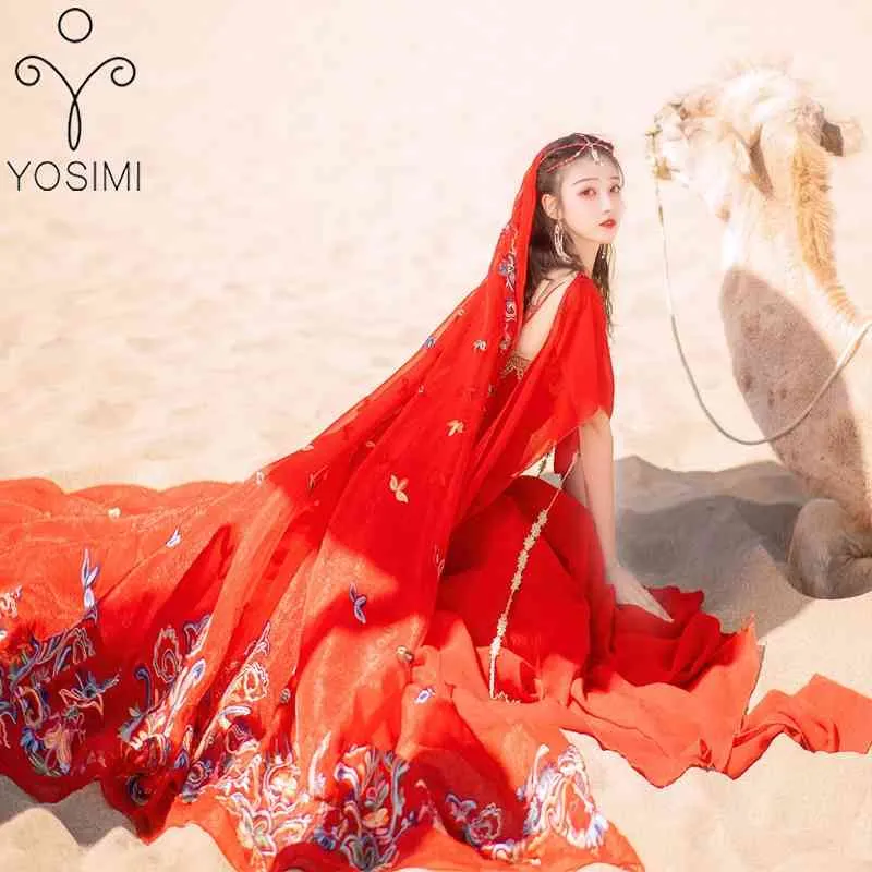 Yosimi röd chiffong långa kvinnor klänning för resor sommar passform och flare maxi med broderad sjal parti es 210604