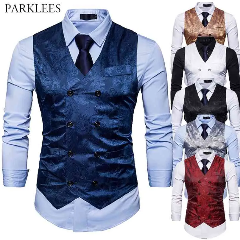 Mäns Gentleman Formell Slim Fit Double Breasted Dress Suit Västar Mode Paisley Print Men Vest Waistcoat Colete Masculino 210923