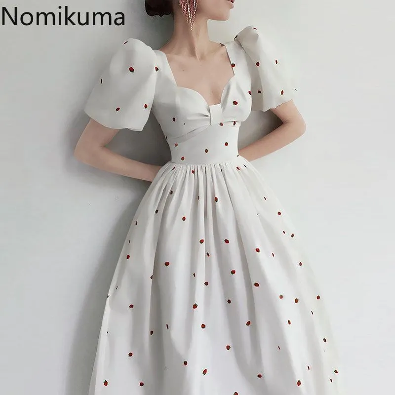 Nomikuma Sweet Truskawka Sukienka Vintage Kwadratowy Kołnierz Rękaw Puff Sukienki Wysoka Talia A-Line Koreański Vestidos de Mujer 6g698 210427